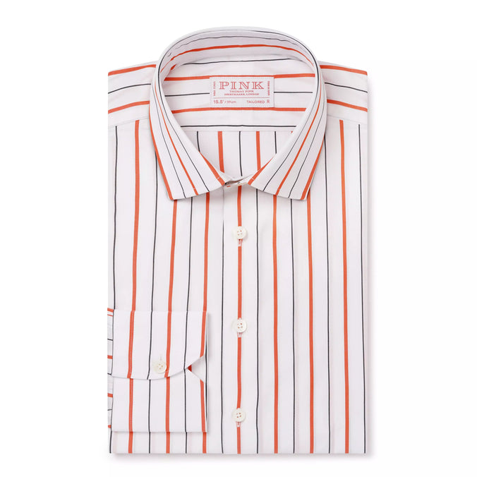 White & Orange Tailored Fit Wide Set Stripe Formal Shirt